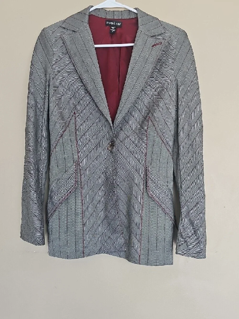 bebe Gray Pinstripe Two-Piece Suit with Burgundy Lining - Picture 5 of 13